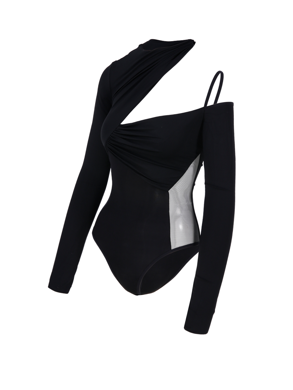 WOMEN NENSI DOJAKA BLACK CUPRO GATHERED ASYMMETRIC LONG SLEEVE BODYSUIT