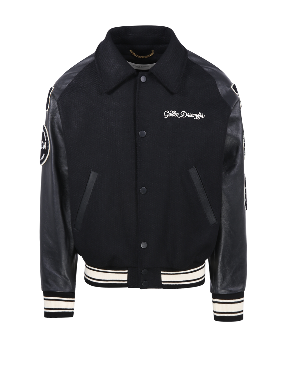 MEN GOLDEN GOOSE BLACK VIRGIN WOOL BOMBER COMPACT CLOTH WOOL BLEND LEATHER SLEEVES COLLEGE PATCHES