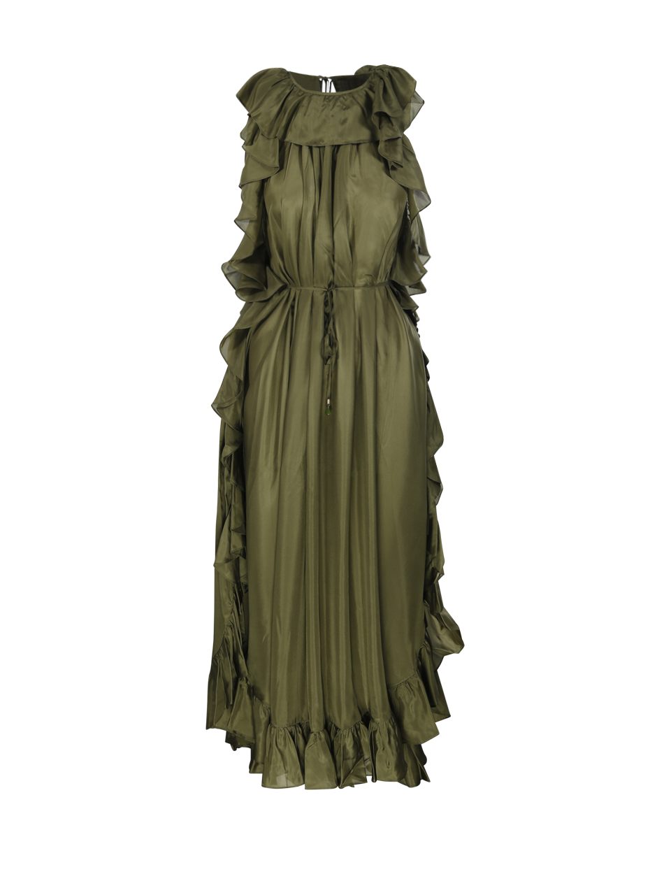 WOMAN ZIMMERMANN GREEN SILK CASCADIAN RUFFLE MIDI DRESS