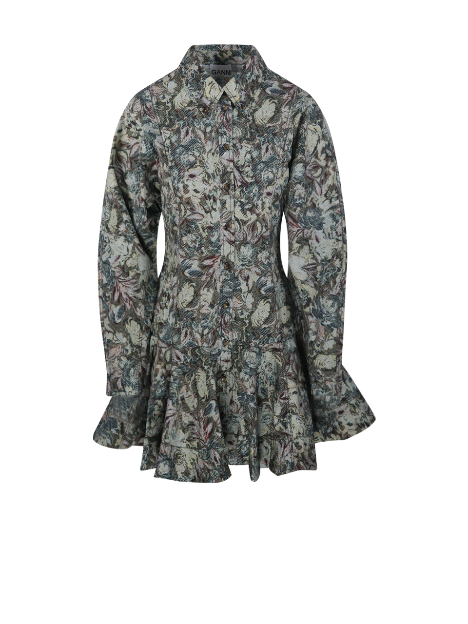 DONNA GANNI MINI ABITO IN COTONE BIOLOGICO VERDE STAMPATO CON BOTTONI IN COTONE ELASTICIZZATO