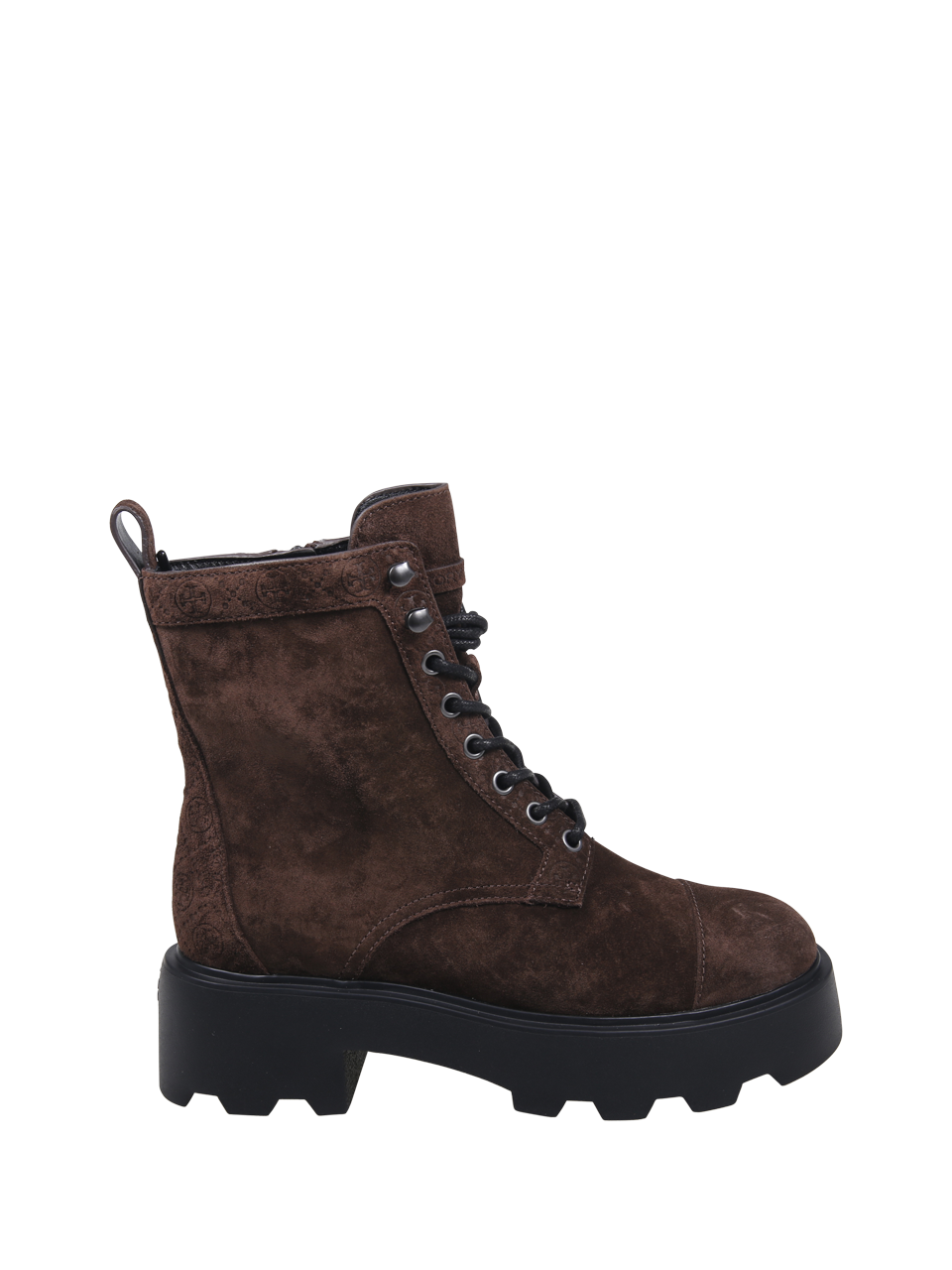 WOMAN TORY BURCH BROWN BOVINE SUEDE T MONOGRAM LUG ANKLE BOOT 65MM