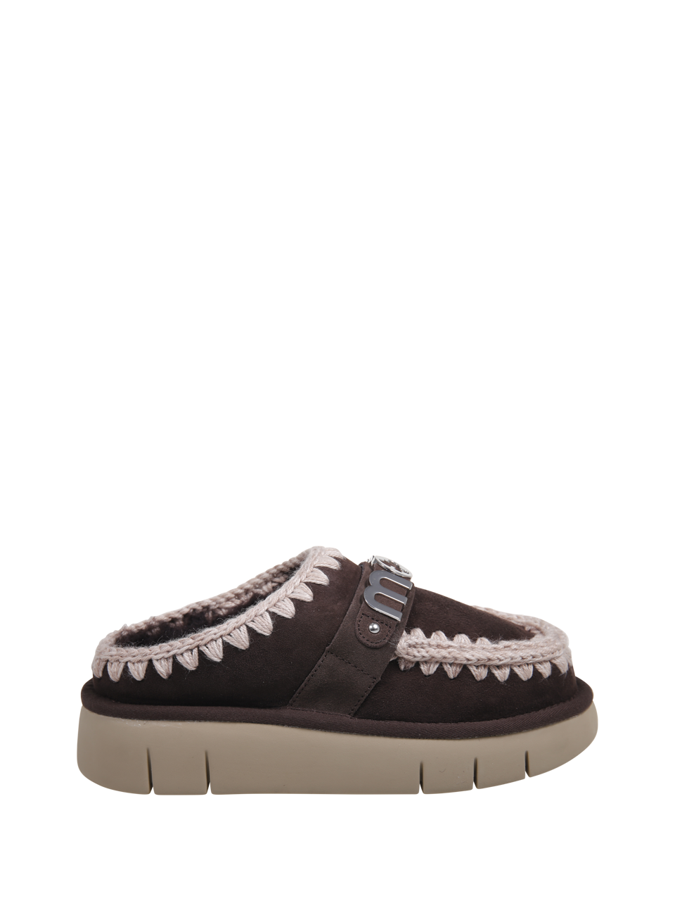 DONNA MOU CIABATTA BOUNCE IN PELLE SCAMOSCIATA MARRONE CON LOGO IN METALLO