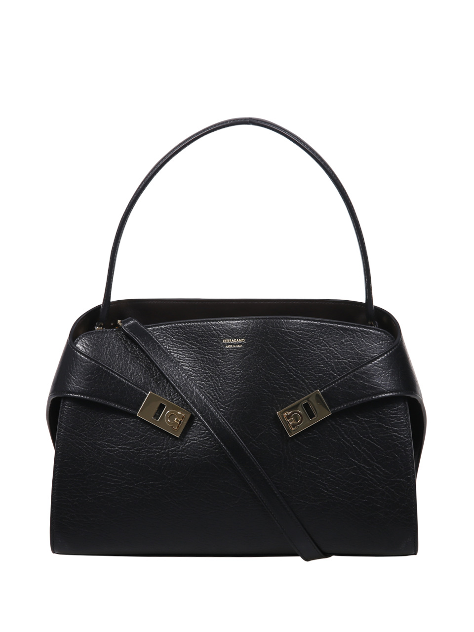 WOMAN FERRAGAMO BLACK CALF LEATHER HUG MAXI GRAIN BICOLOR HUG SH S BAG