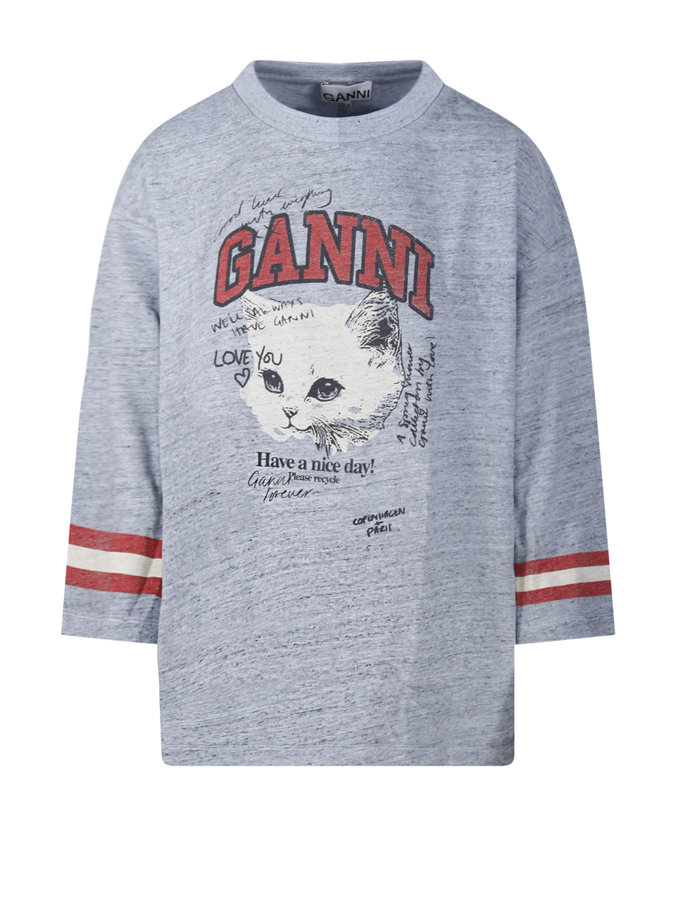 WOMAN GANNI BLUE ORGANIC COTTON OVERDYED COTTON MELANGE 3/4 SLEEVE T-SHIRT