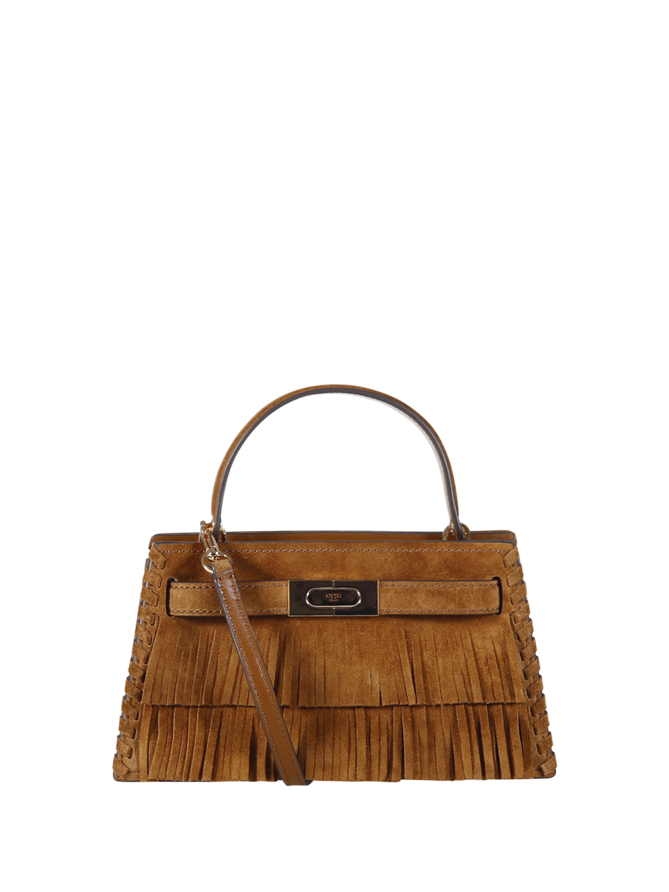 WOMAN TORY BURCH BROWN SUEDE LEATHER LEE RADZIWILL PETITE FRINGE MINI TOP HANDLE