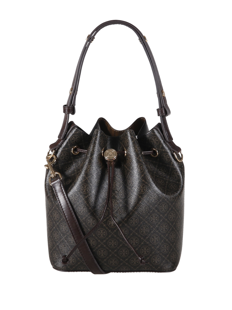 WOMAN TORY BURCH BROWN POLYURETHANE T MONOGRAM COATED CANVAS BUCKET BAG