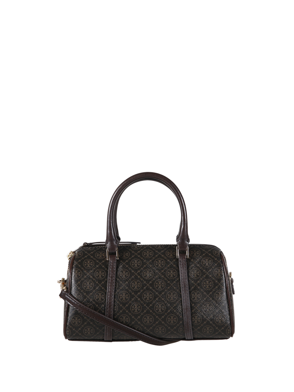 WOMAN TORY BURCH BROWN POLYURETHANE T MONOGRAM COATED CANVAS MINI BARREL BAG