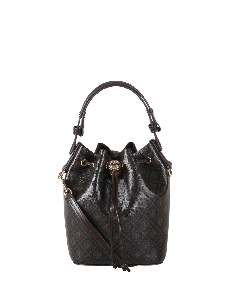 WOMAN TORY BURCH BROWN POLYURETHANE T MONOGRAM COATED CANVAS MINI BUCKET BAG