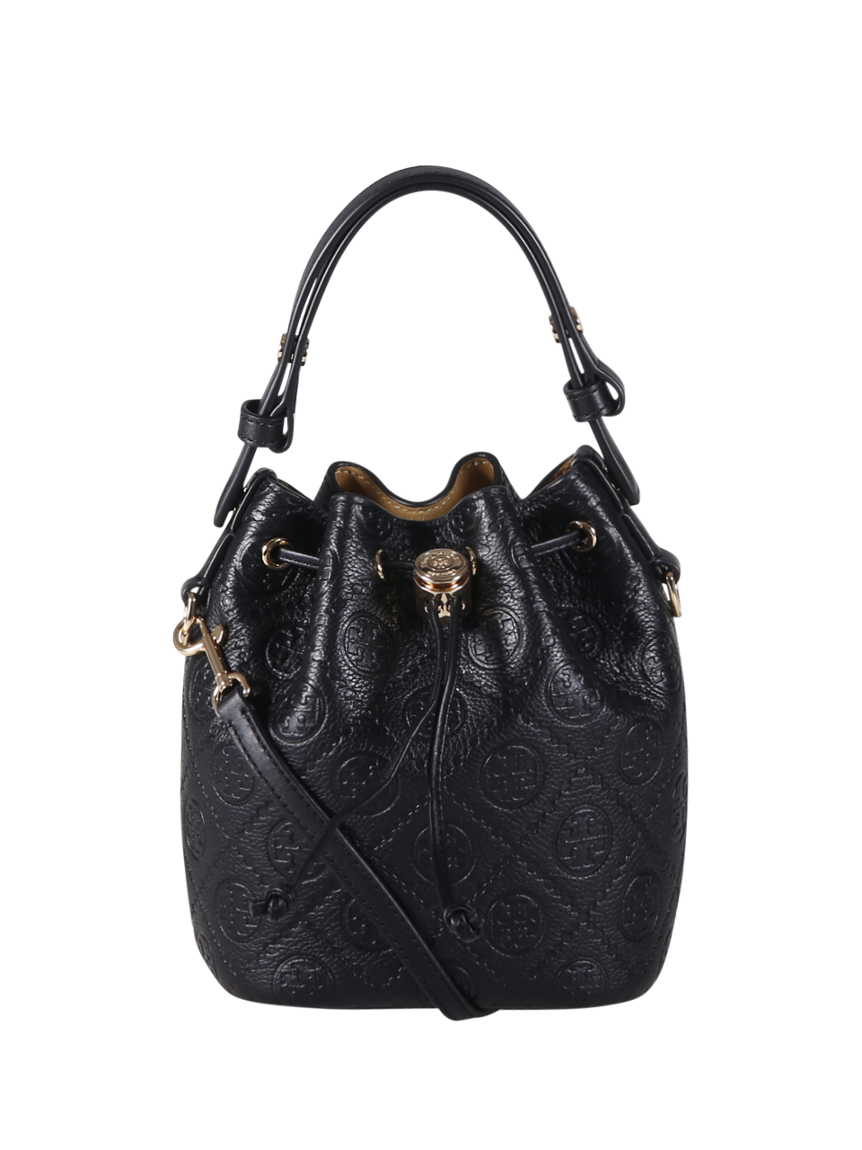 WOMAN TORY BURCH BLACK COW LEATHER T MONOGRAM PEBBLE MINI BUCKET BAG
