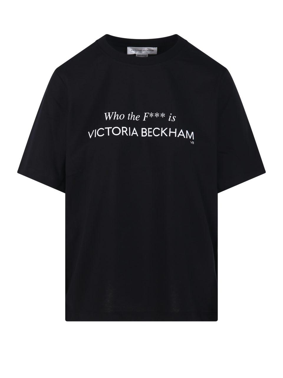 WOMAN VICTORIA BECKHAM BLACK ORGANIC COTTON SLOGAN T-SHIRT WHO THE F*** IS VICTORIA BECKHAM