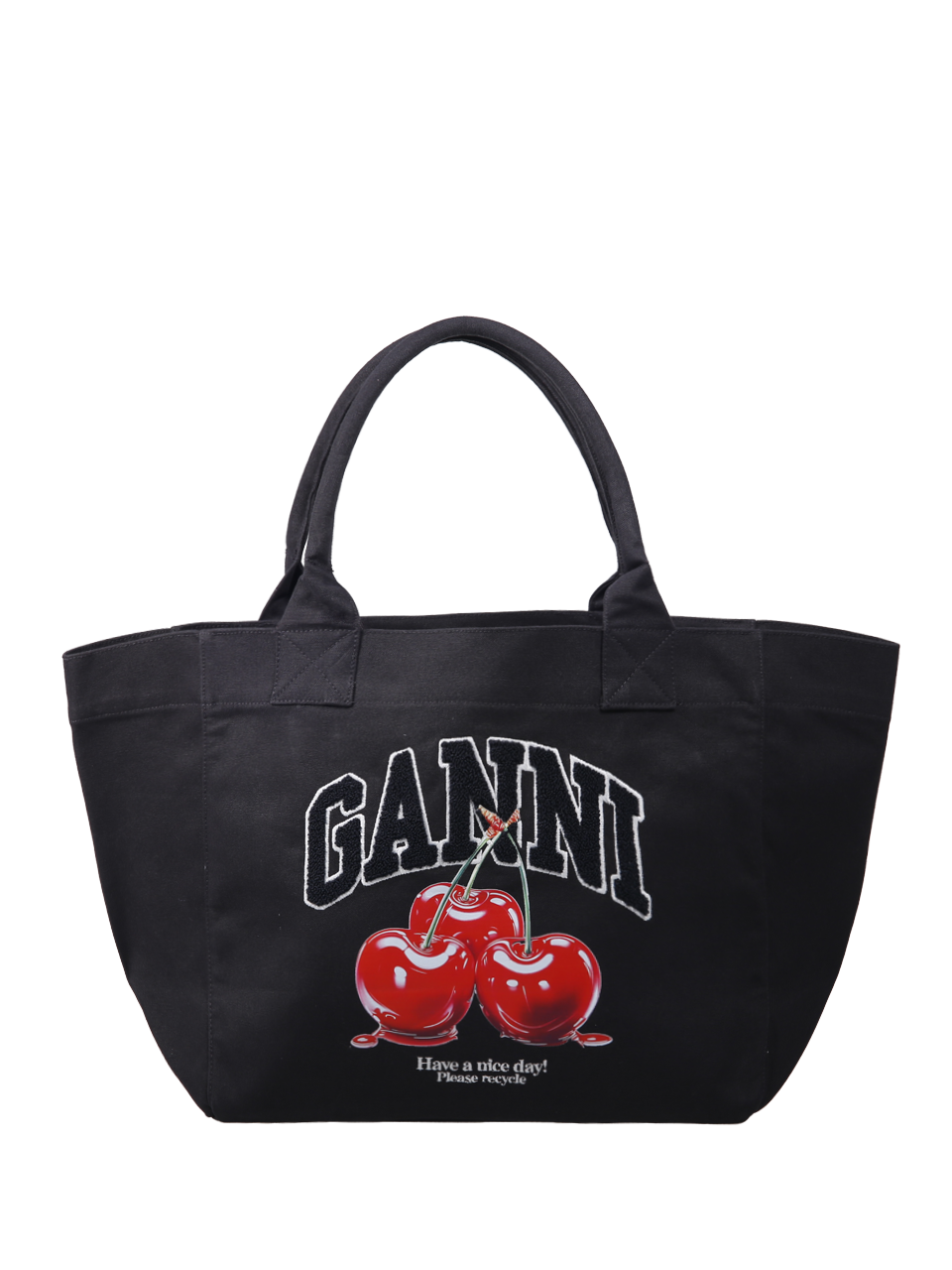 WOMAN GANNI BLACK RECYCLED COTTON MEDIUM TRAPEZE SHOPPER CHERRY PRINTED BAG