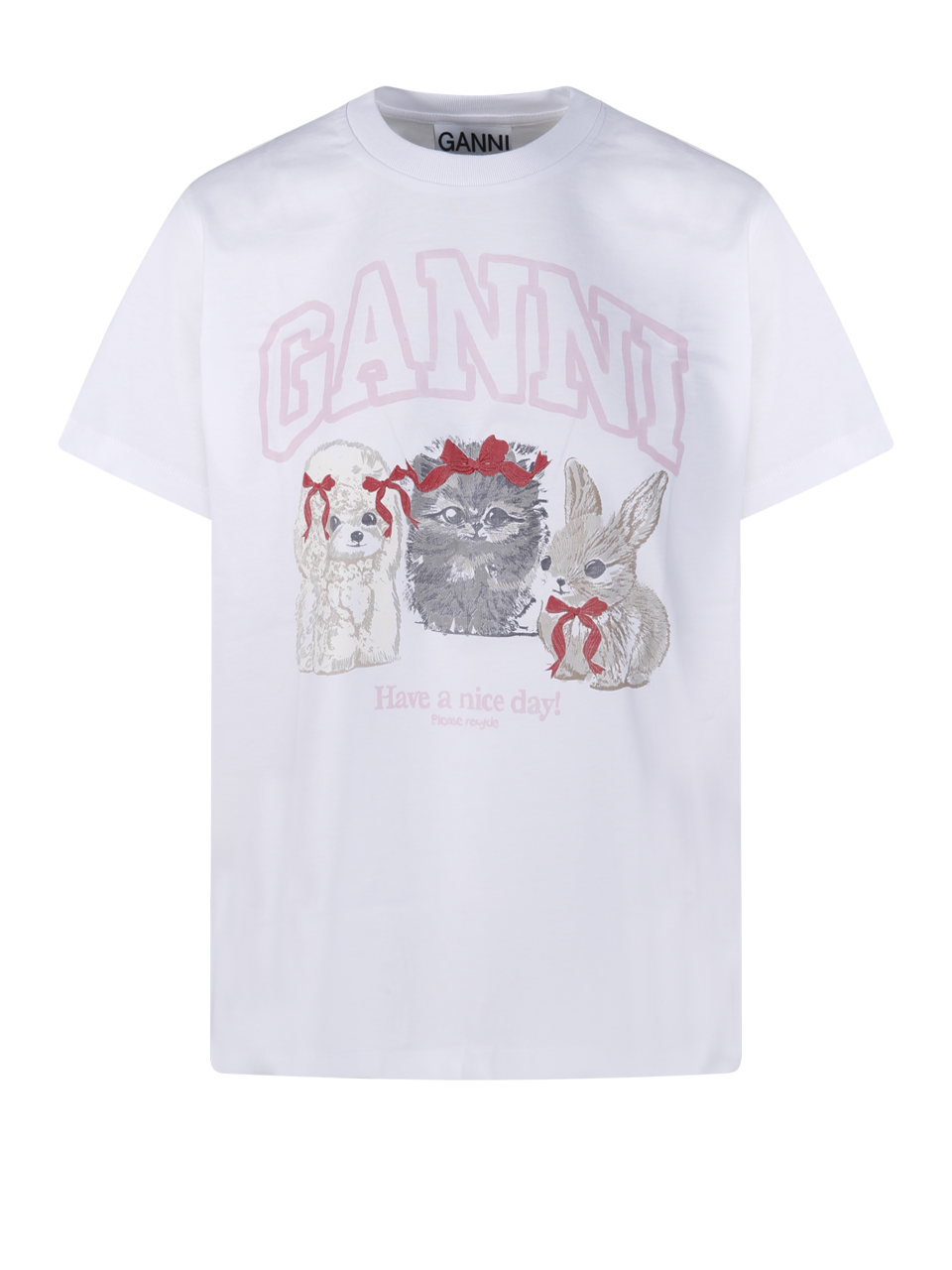 WOMAN GANNI WHITE ORGANIC COTTON JERSEY CUTE ANIMALS T-SHIRT
