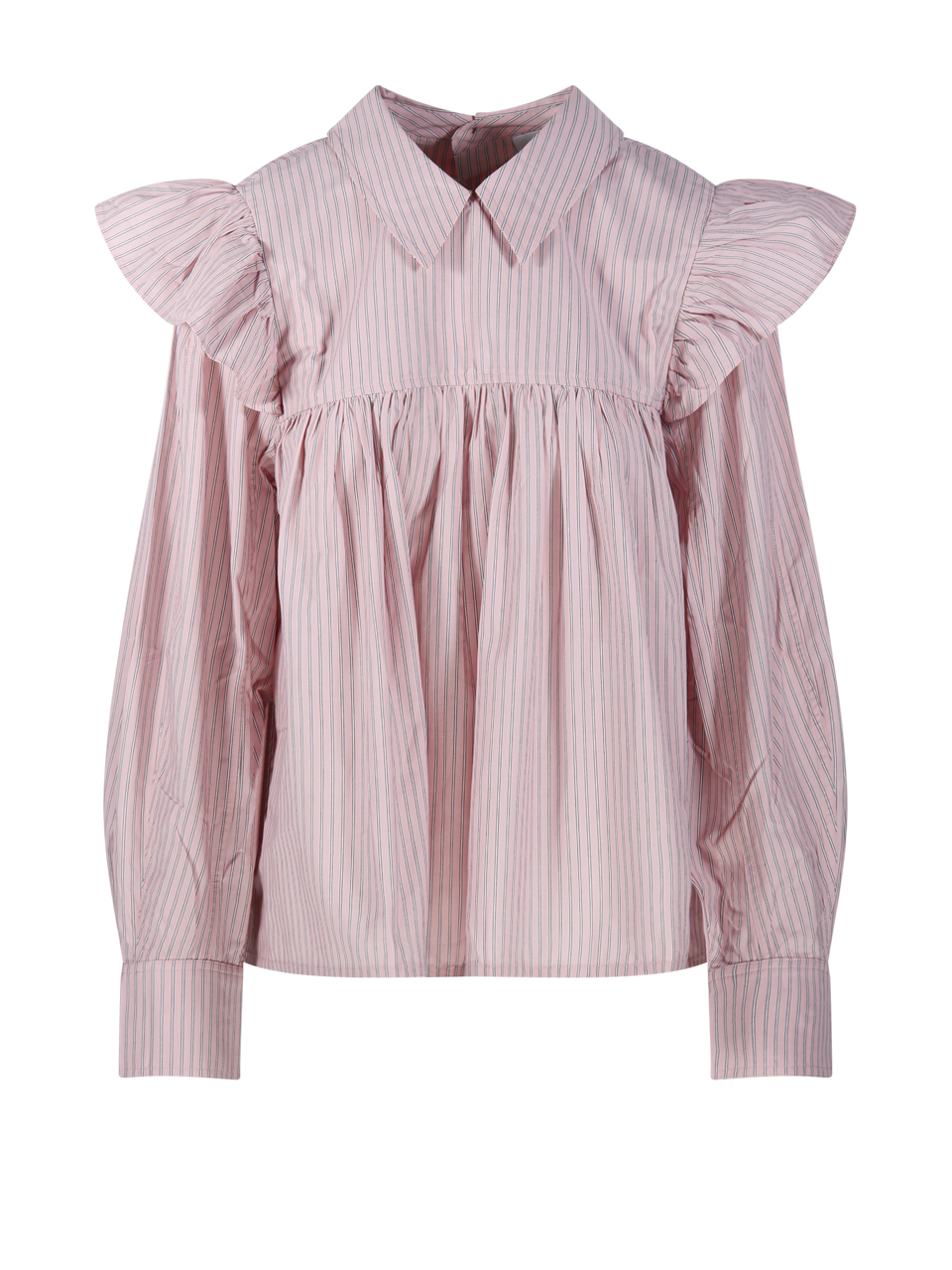 WOMAN GANNI PINK ORGANIC COTTON OXFORD STRIPE FRILL BLOUSE