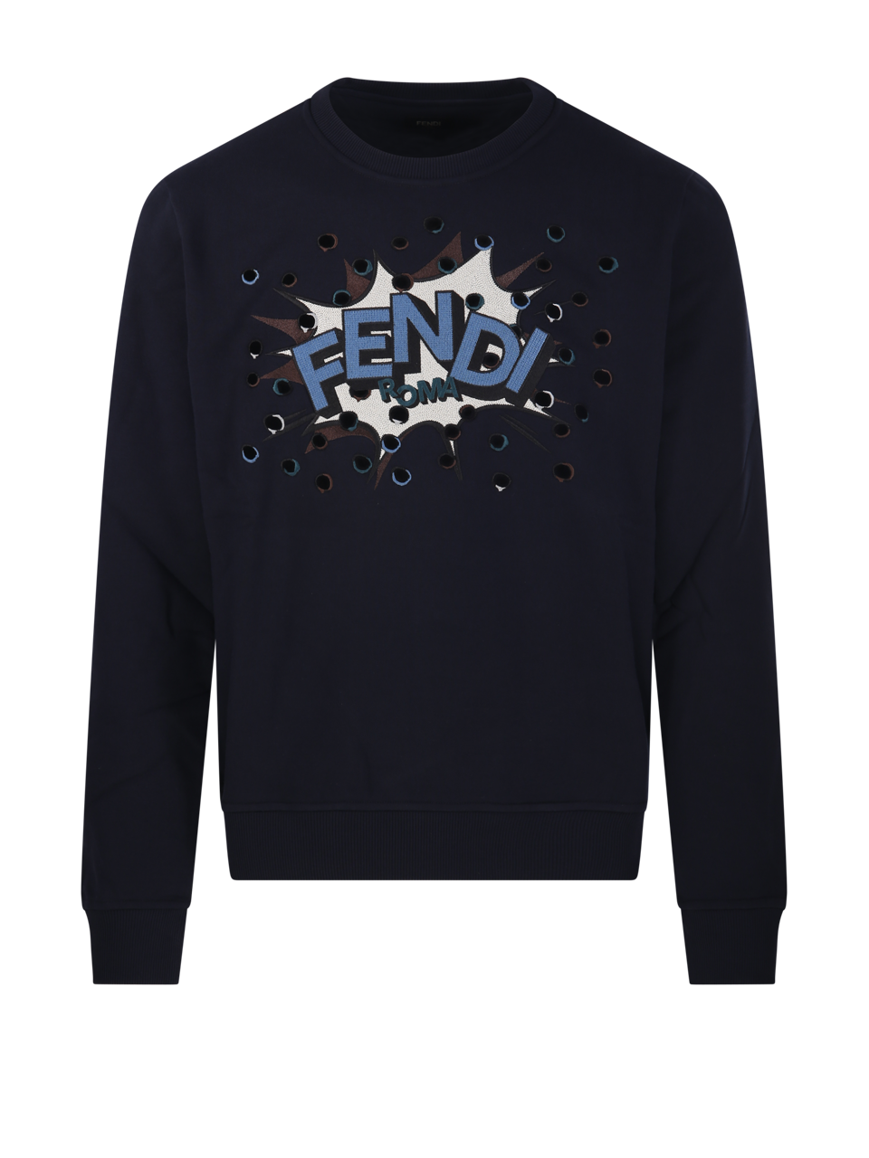MEN FENDI BLUE COTTON SWEATER LOGO POP POIS