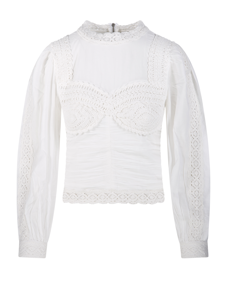 WOMAN FARM RIO WHITE COTTON OFF WHITE LONG SLEEVE CROCHET BLOUSE