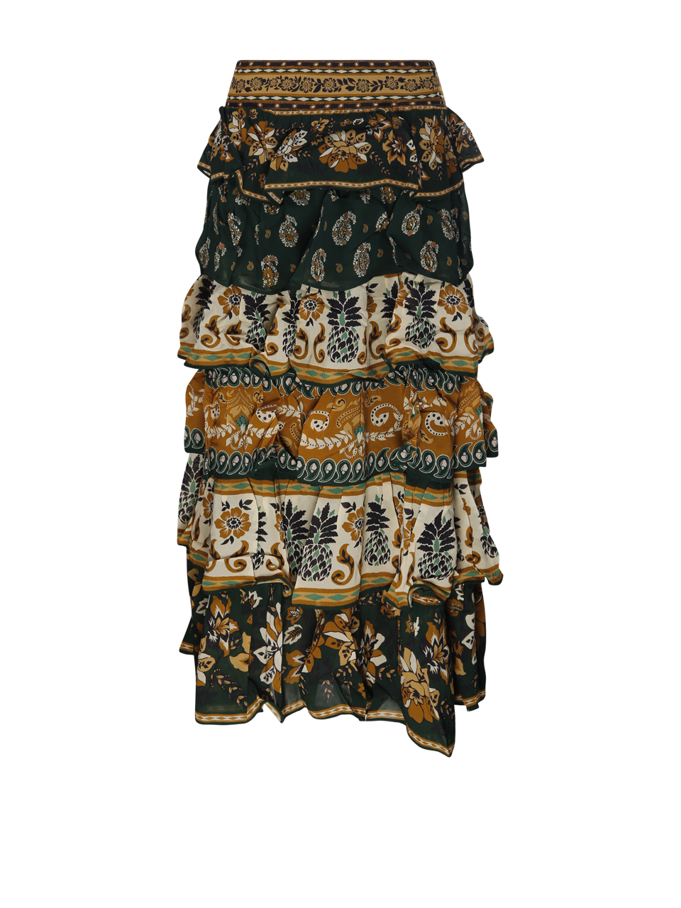 WOMAN FARM RIO GREEN VISCOSE AYLA GREEN MIXED SCARVES RUFFLED MAXI SKIRT