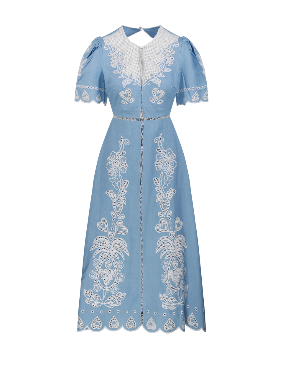 WOMAN FARM RIO BLUE LINEN EMBROIDERY SHORT SLEEVE MIDI DRESS