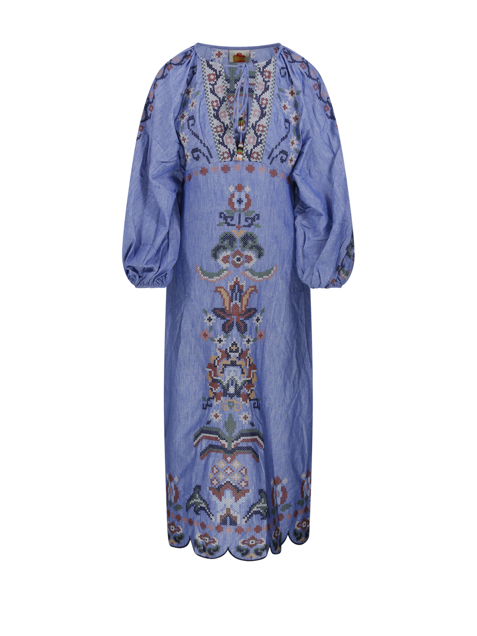 WOMAN FARM RIO BLUE LINEN LONG SLEEVE MIDI DRESS