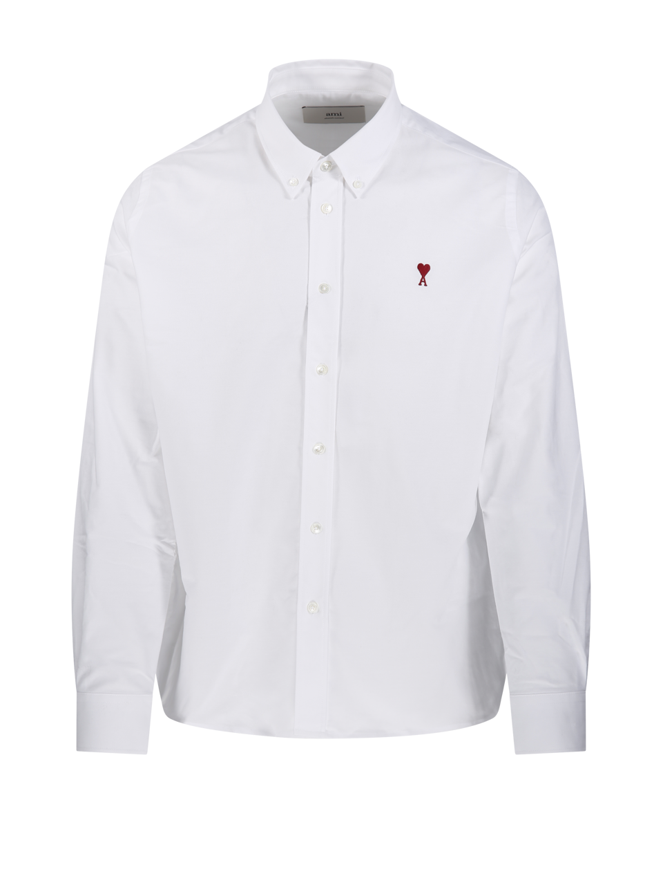 MEN AMI WHITE COTTON CLASSIC L/S SHIRT BUTTON DOWN COLLAR WITH EMBROIDERED ADC