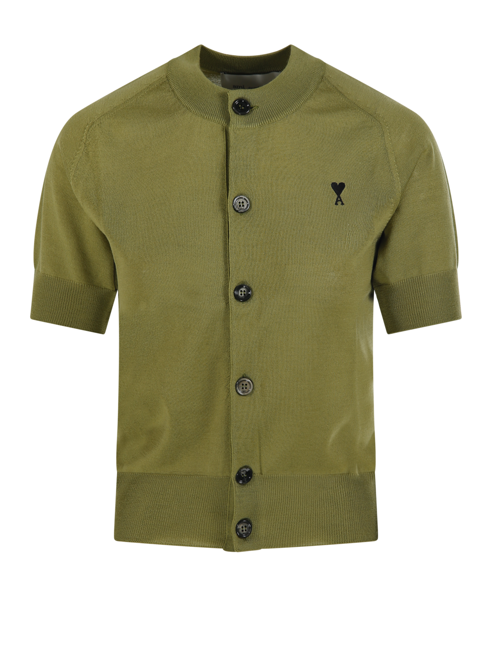 WOMAN AMI GREEN WOOL BLACK ADC ROUND NECK S/S CARDIGAN MERINO