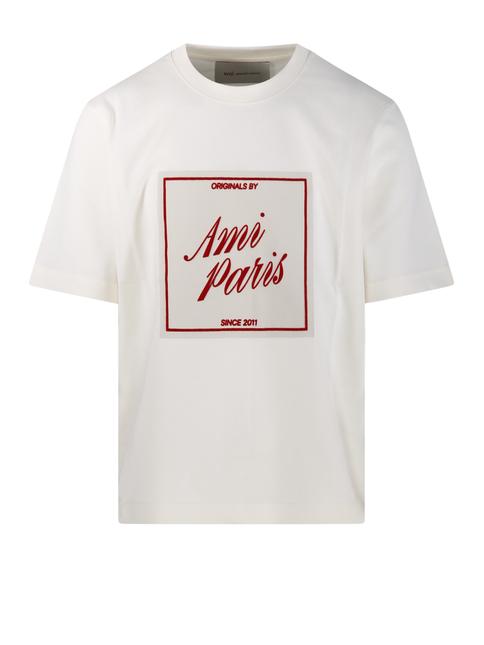 MEN AMI WHITE COTTON BOXY FIT T-SHIRT WITH SIGNATURE PRINT AT FRONT