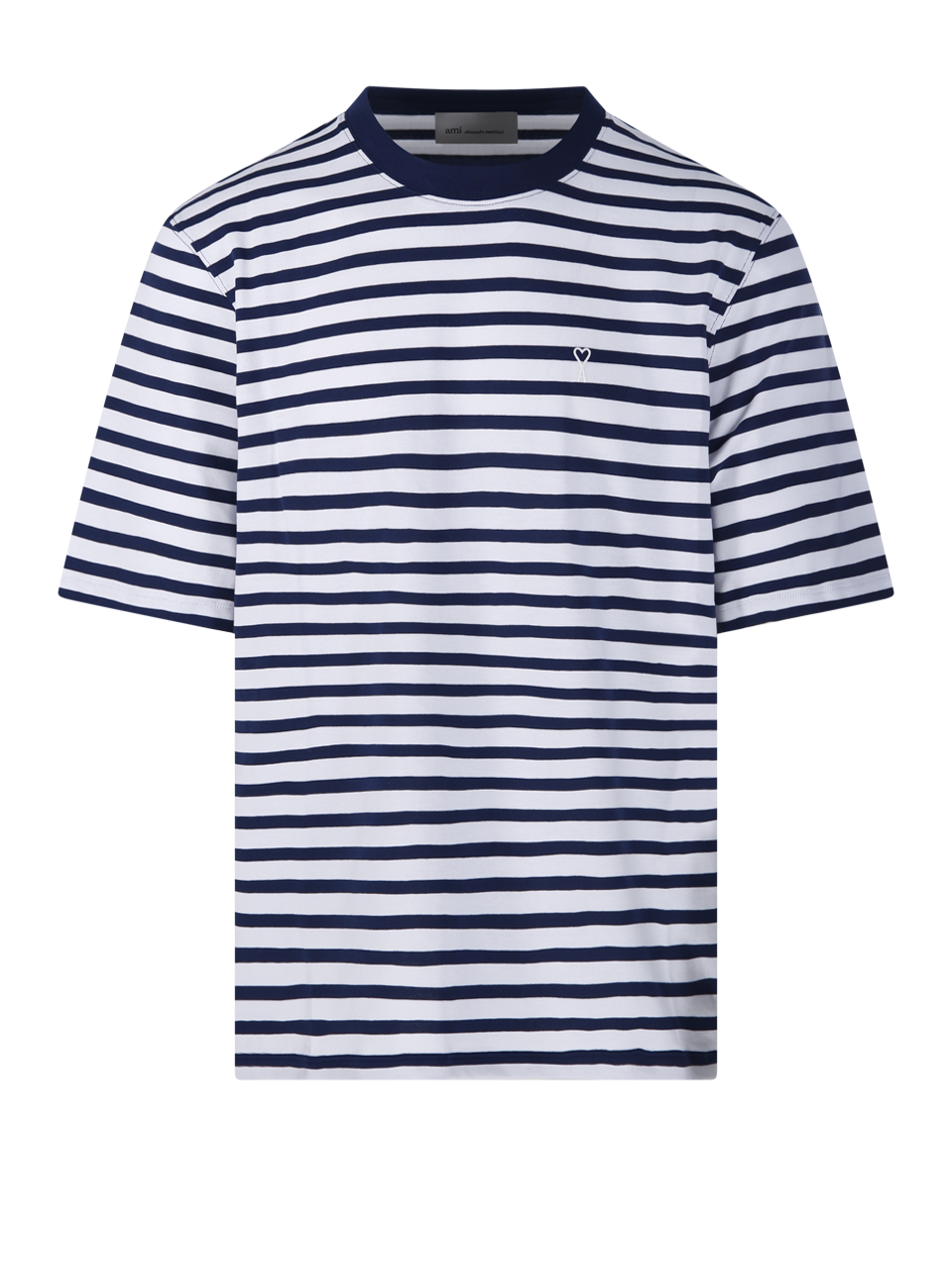 MEN AMI BLUE COTTON BOXY FIT MARINIERE T-SHIRT WITH ADC PATCH