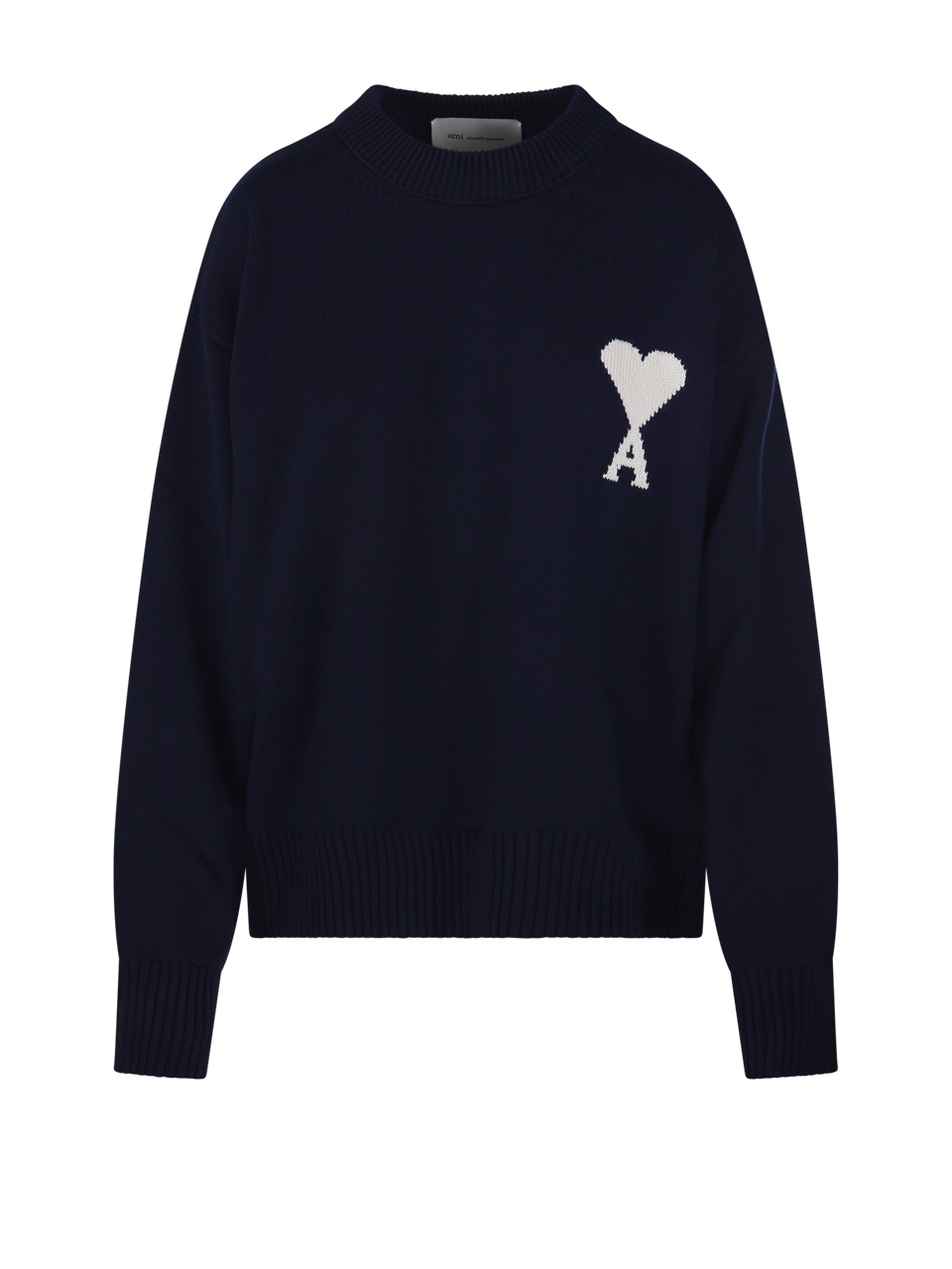 WOMAN AMI BLUE WOOL WHITE BIG ADC ROUND NECK SWEATER FELTED WOOL/COTTON