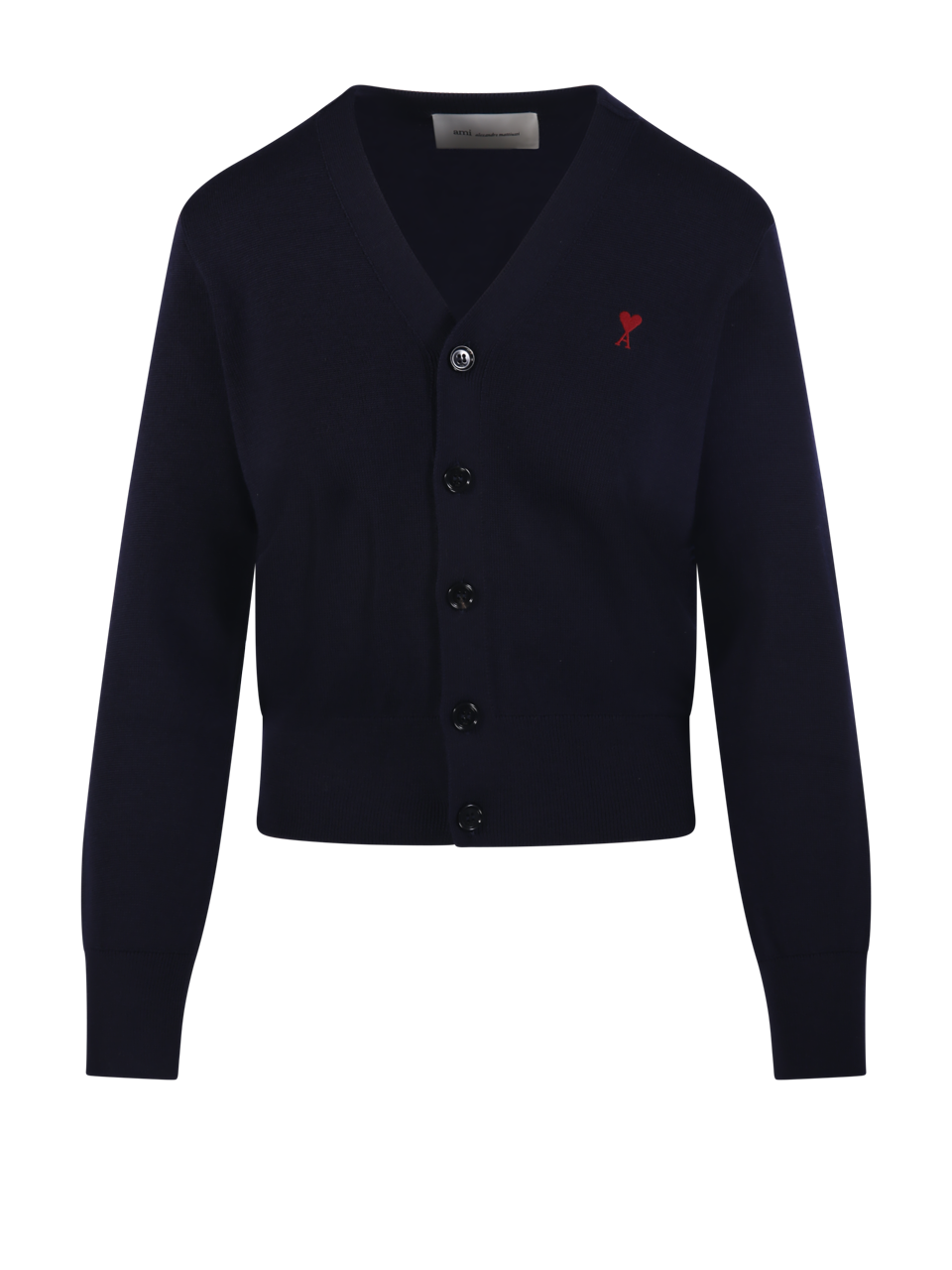 WOMAN AMI BLUE WOOL RED ADC V NECK CARDIGAN MERINO