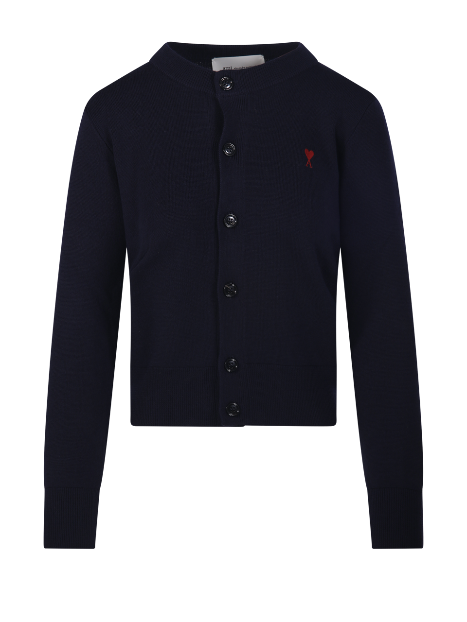 WOMAN AMI BLUE WOOL RED ADC ROUND NECK CARDIGAN MERINO