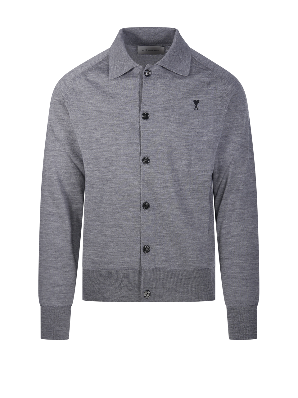 MEN AMI GREY WOOL BLACK ADC SHIRT COLLAR CARDIGAN MERINO