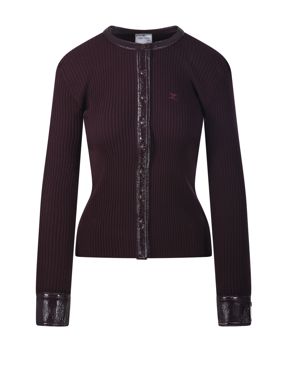 WOMAN COURREGES BORDEAUX VISCOSE CONTRASTED VINYL RIB KNIT CARDIGAN