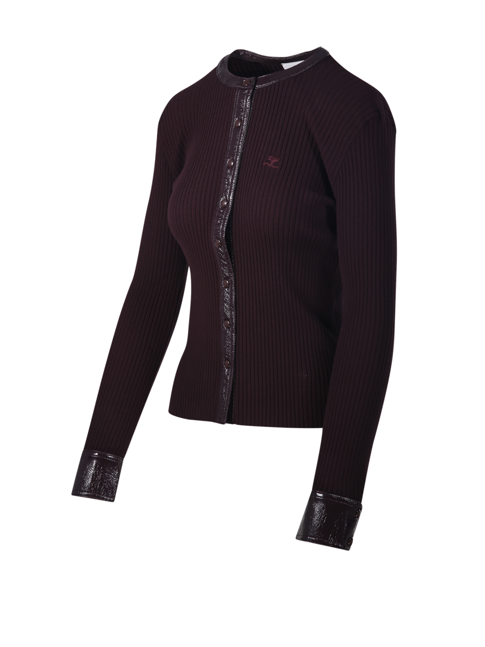 WOMAN COURREGES BORDEAUX VISCOSE CONTRASTED VINYL RIB KNIT CARDIGAN