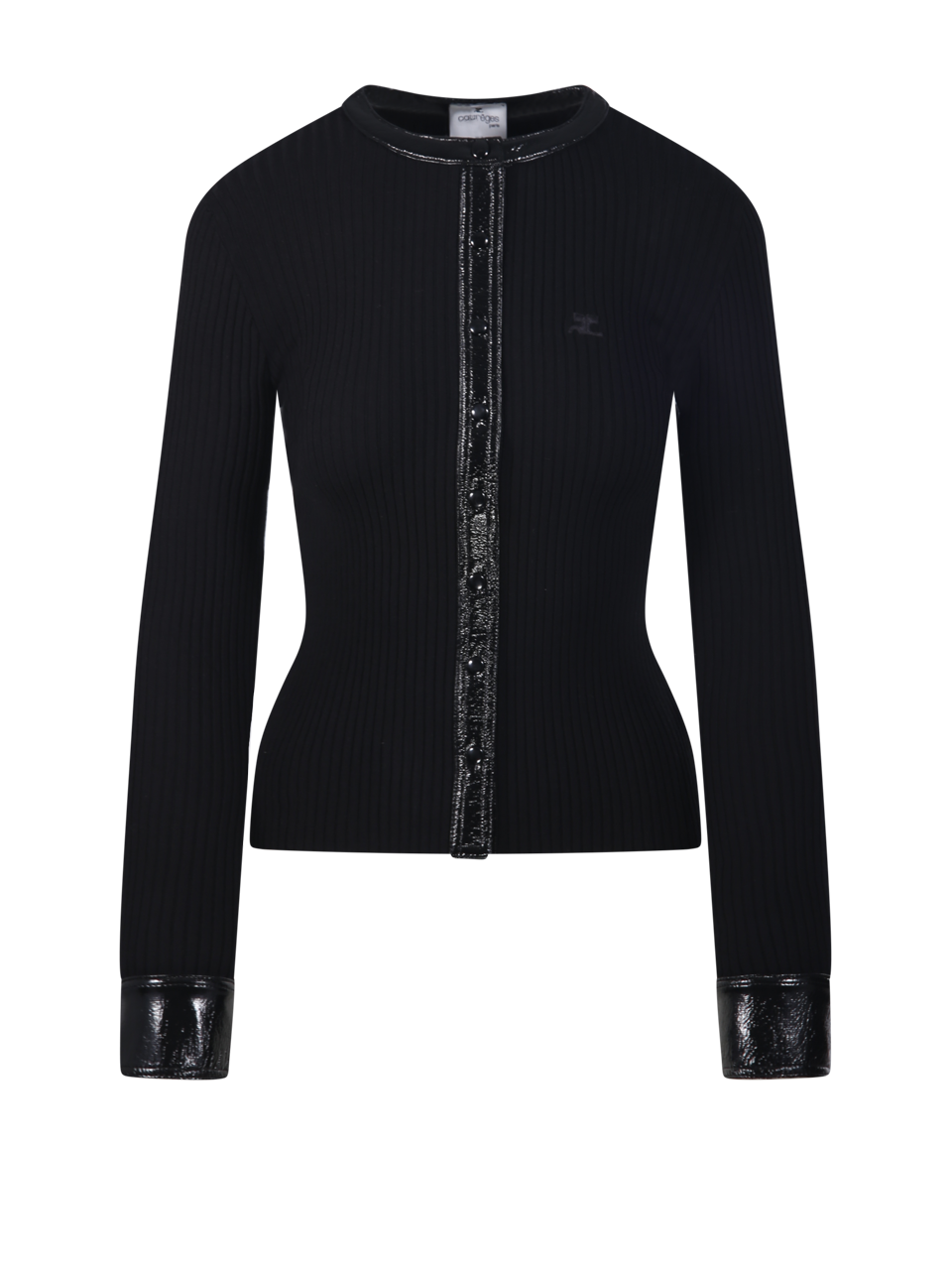 WOMAN COURREGES BLACK VISCOSE CONTRASTED VINYL RIB KNIT CARDIGAN