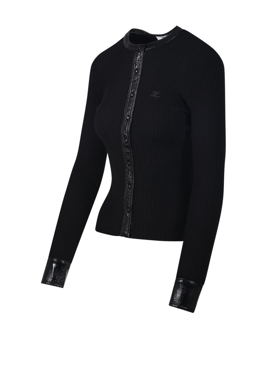 WOMAN COURREGES BLACK VISCOSE CONTRASTED VINYL RIB KNIT CARDIGAN