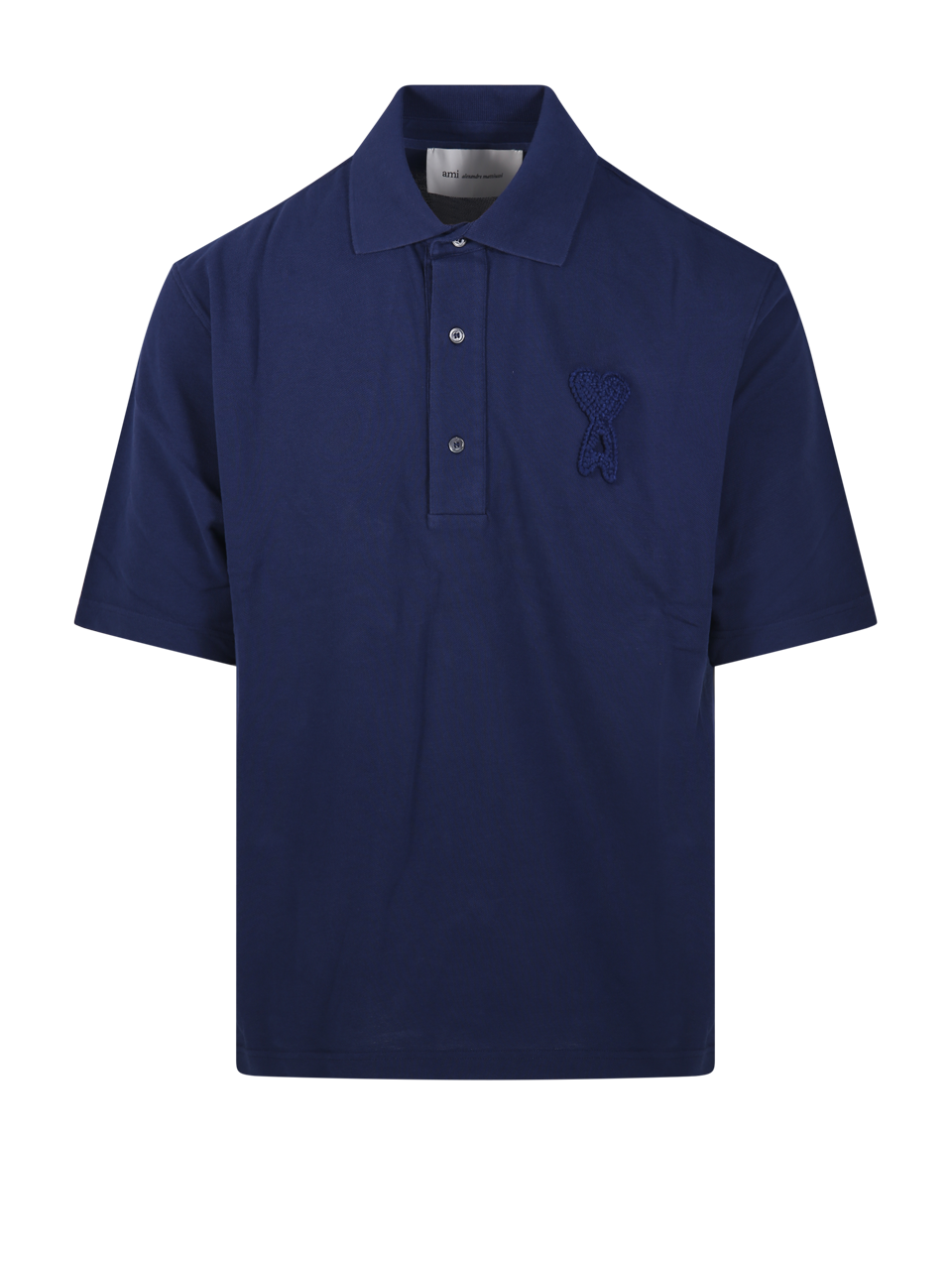 MEN AMI BLUE COTTON BOXY FIT POLO WITH ADC KNITTED PATCH