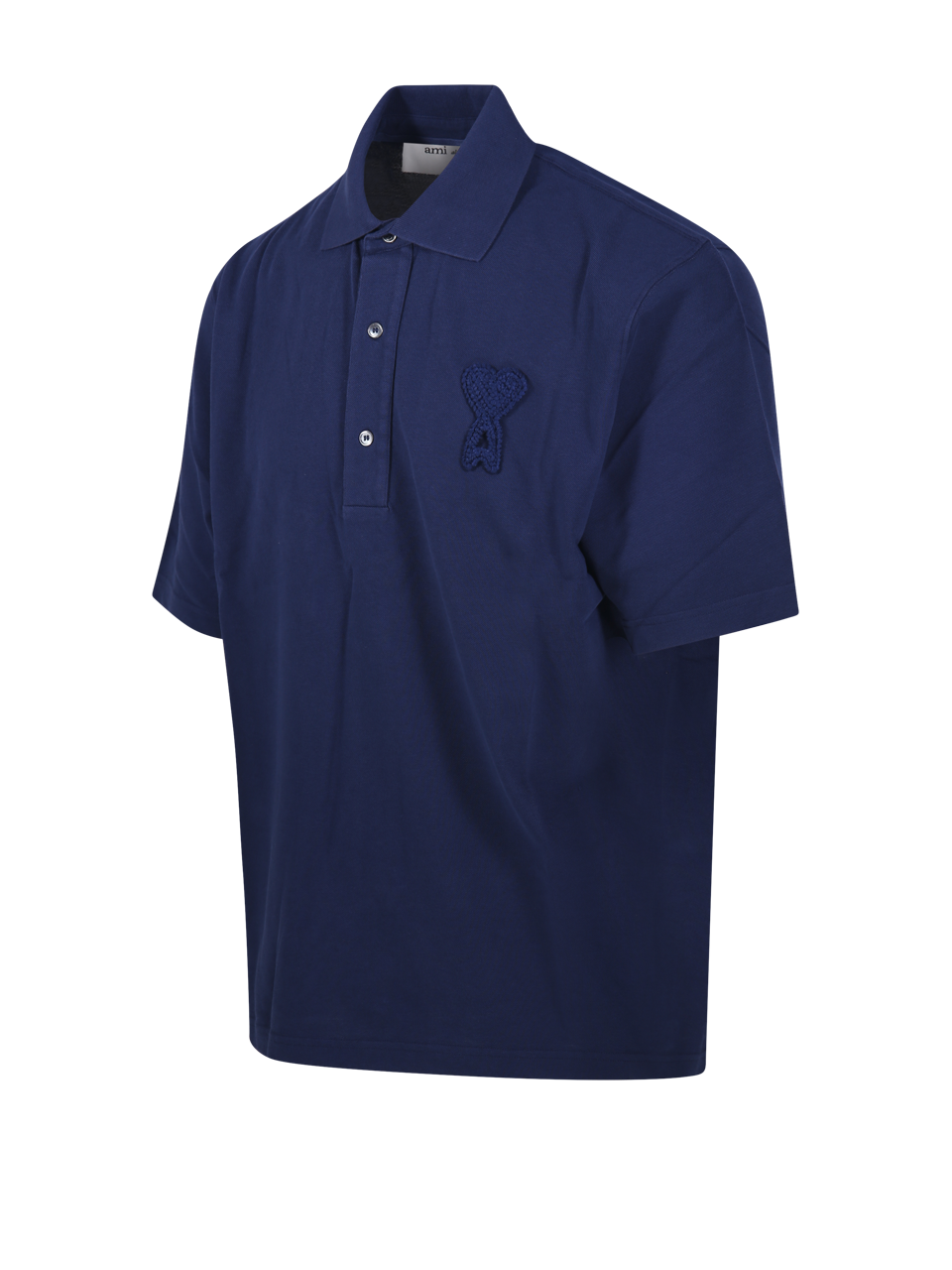 MEN AMI BLUE COTTON BOXY FIT POLO WITH ADC KNITTED PATCH