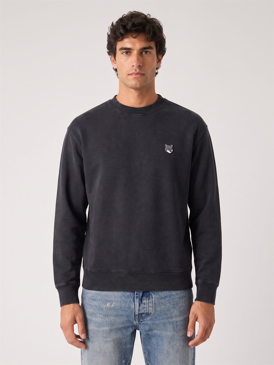 MEN MAISON KITSUNE BLACK ORGANIC COTTON FOX HEAD FADED COMFORT SWEATSHIRT