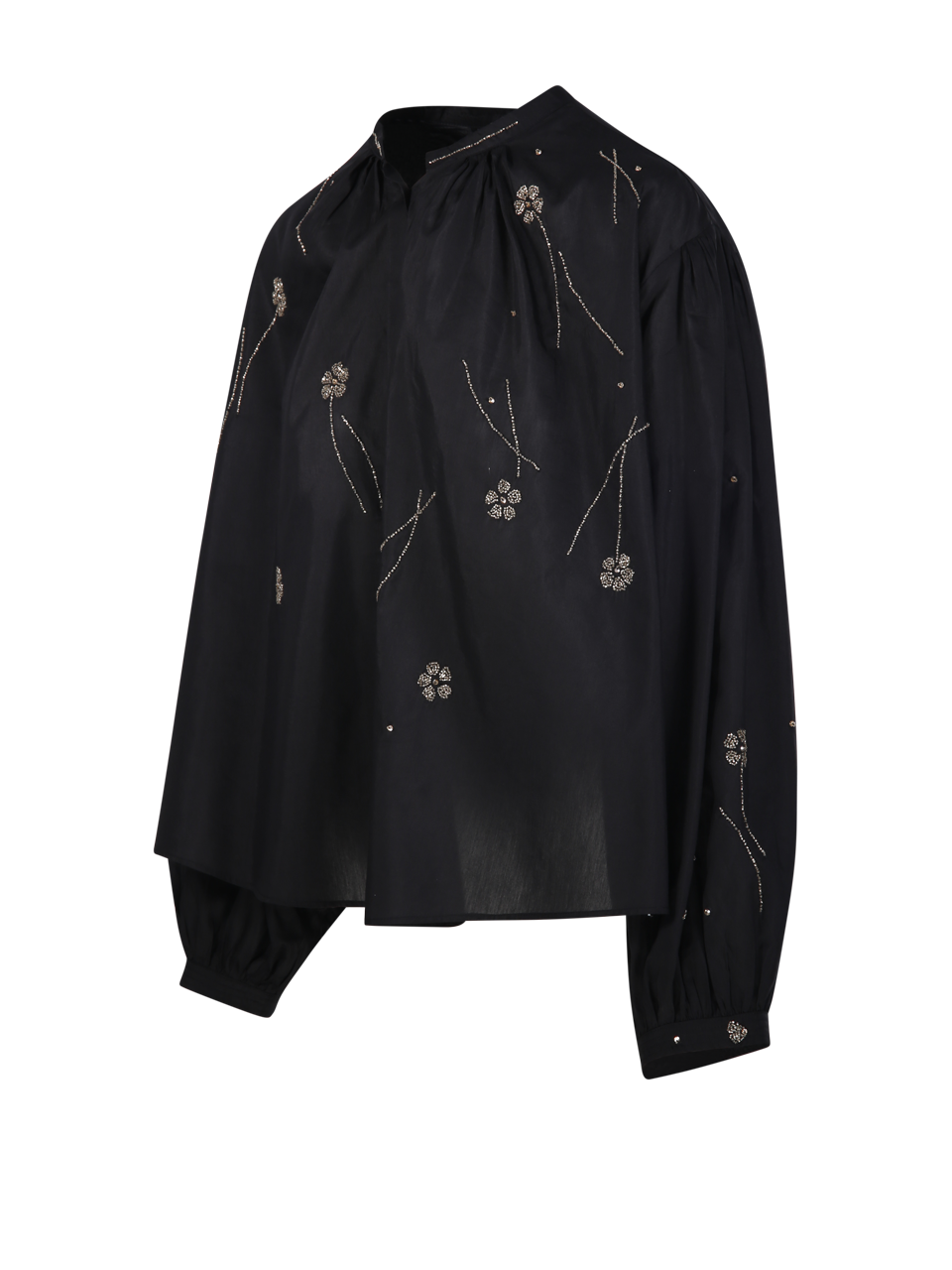 WOMAN FORTE FORTE BLACK COTTON FLEURS D`ORIENT EMBROIDERY VOILE BOHEMIAN SHIRT