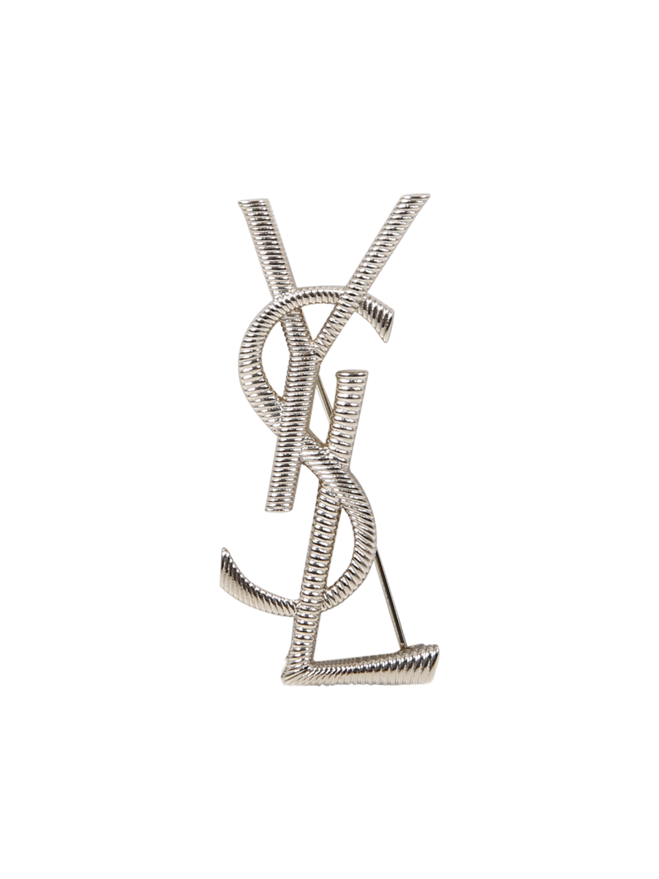WOMAN SAINT LAURENT SILVER METALLIC BROCHE MONOGRAMME TEXTURE