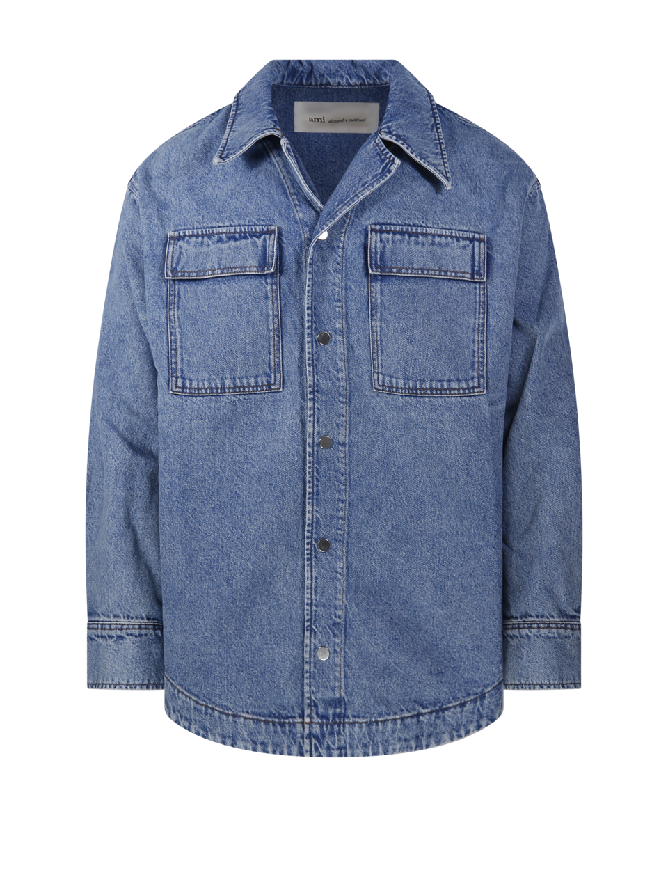 MEN AMI BLUE COTTON LONG SLEEVE SAHARIENNE OVERSHIRT WITH CAMP COLLAR