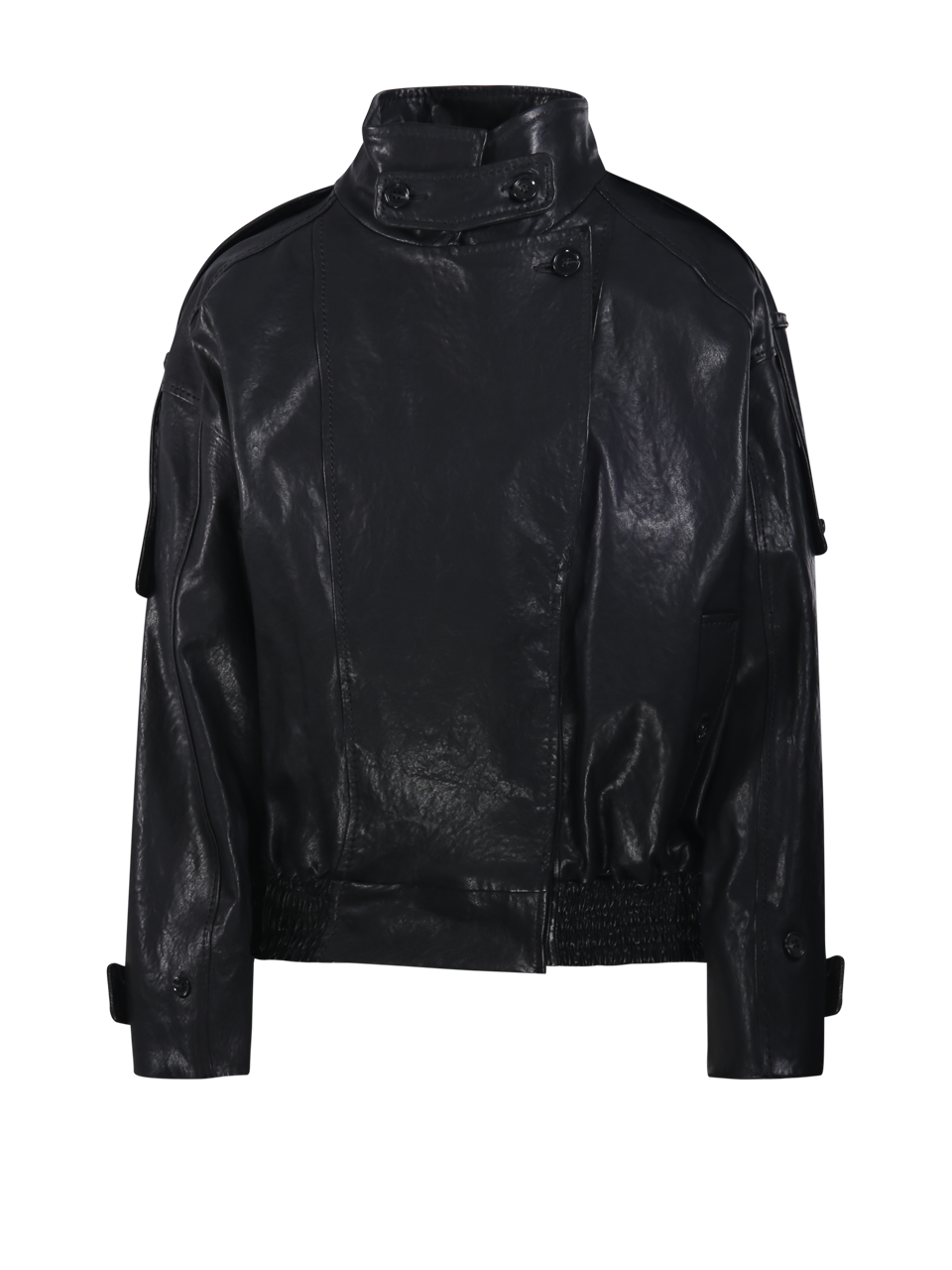 WOMAN DESA 1972 BLACK VEGETABLE LEATHER  HIGH COLLAR BOMBER JACKET