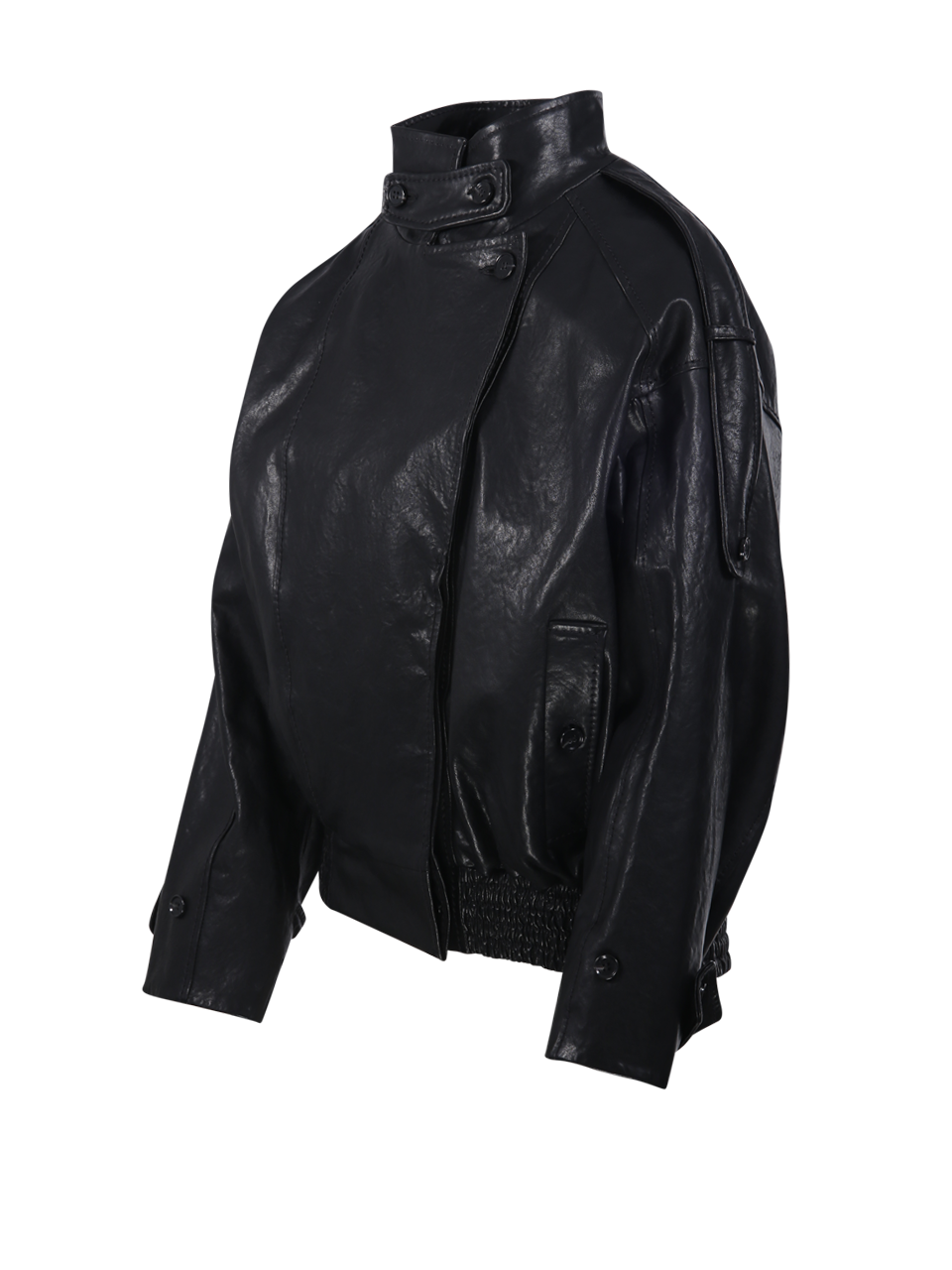 WOMAN DESA 1972 BLACK VEGETABLE LEATHER  HIGH COLLAR BOMBER JACKET