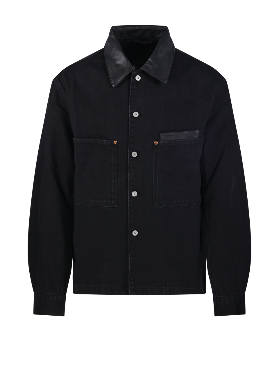 MEN LEMAIRE BLACK COTTON WORKWEAR OVERSHIRT WITH LEATHER COLLAR
