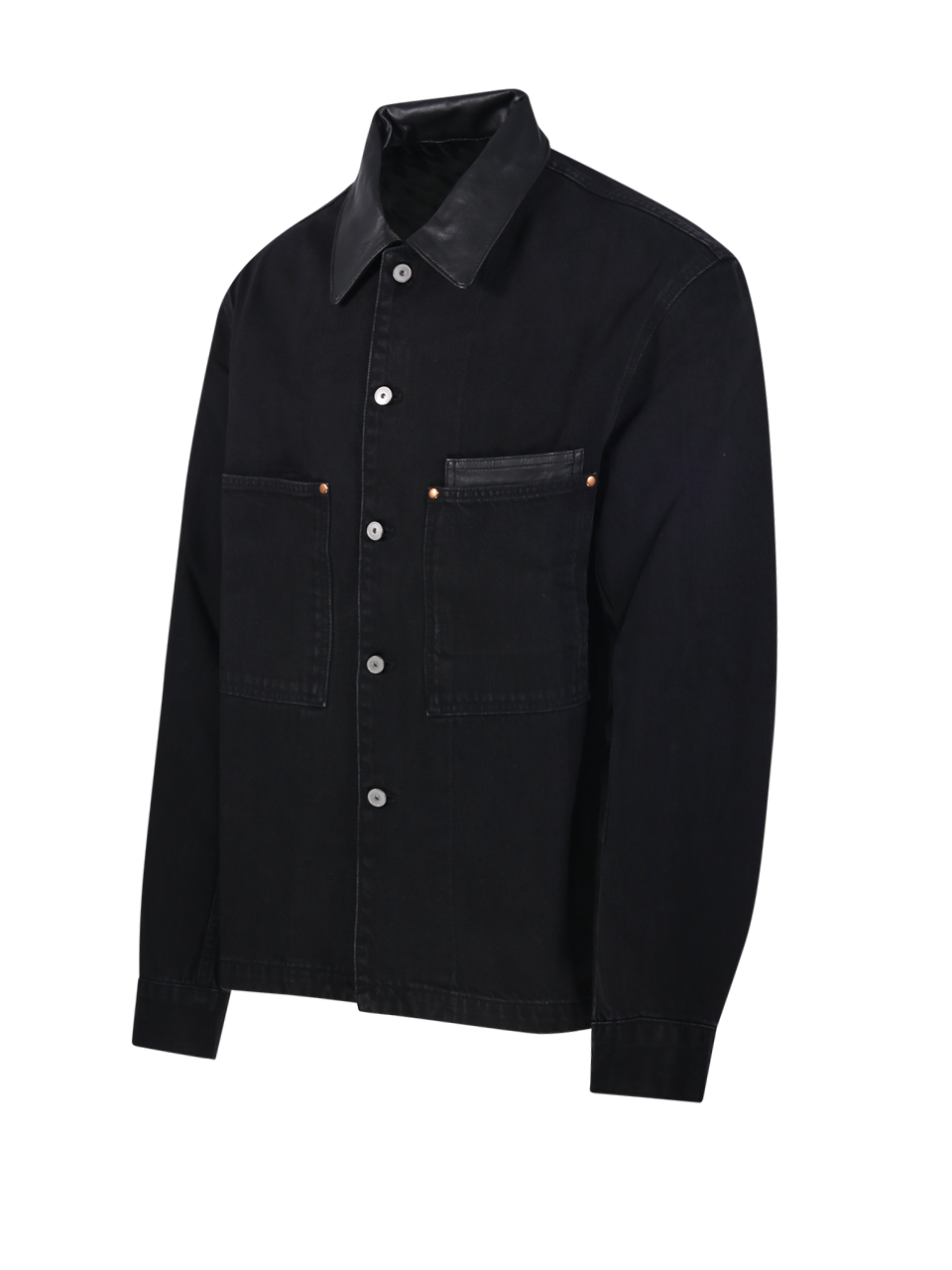 MEN LEMAIRE BLACK COTTON WORKWEAR OVERSHIRT WITH LEATHER COLLAR