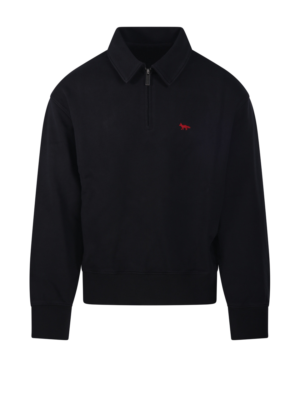 MEN MAISON KITSUNE BLACK ORGANIC COTTON PROFILE FOX ZIPPED POLO SWEATSHIRT