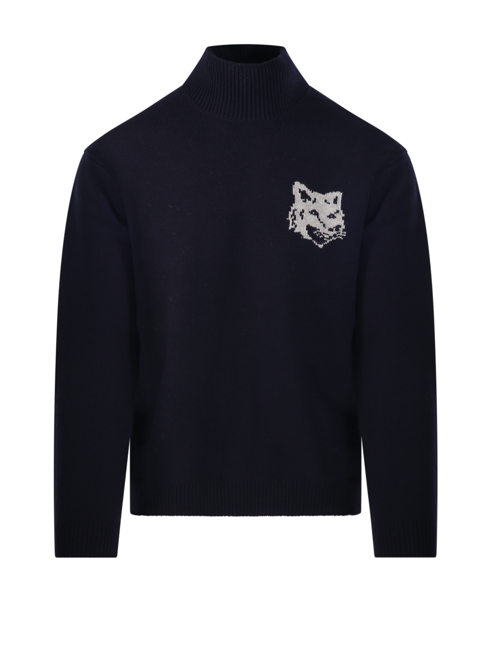 MEN MAISON KITSUNE BLUE WOOL FOX HEAD HIGH NECK JUMPER SWEATER