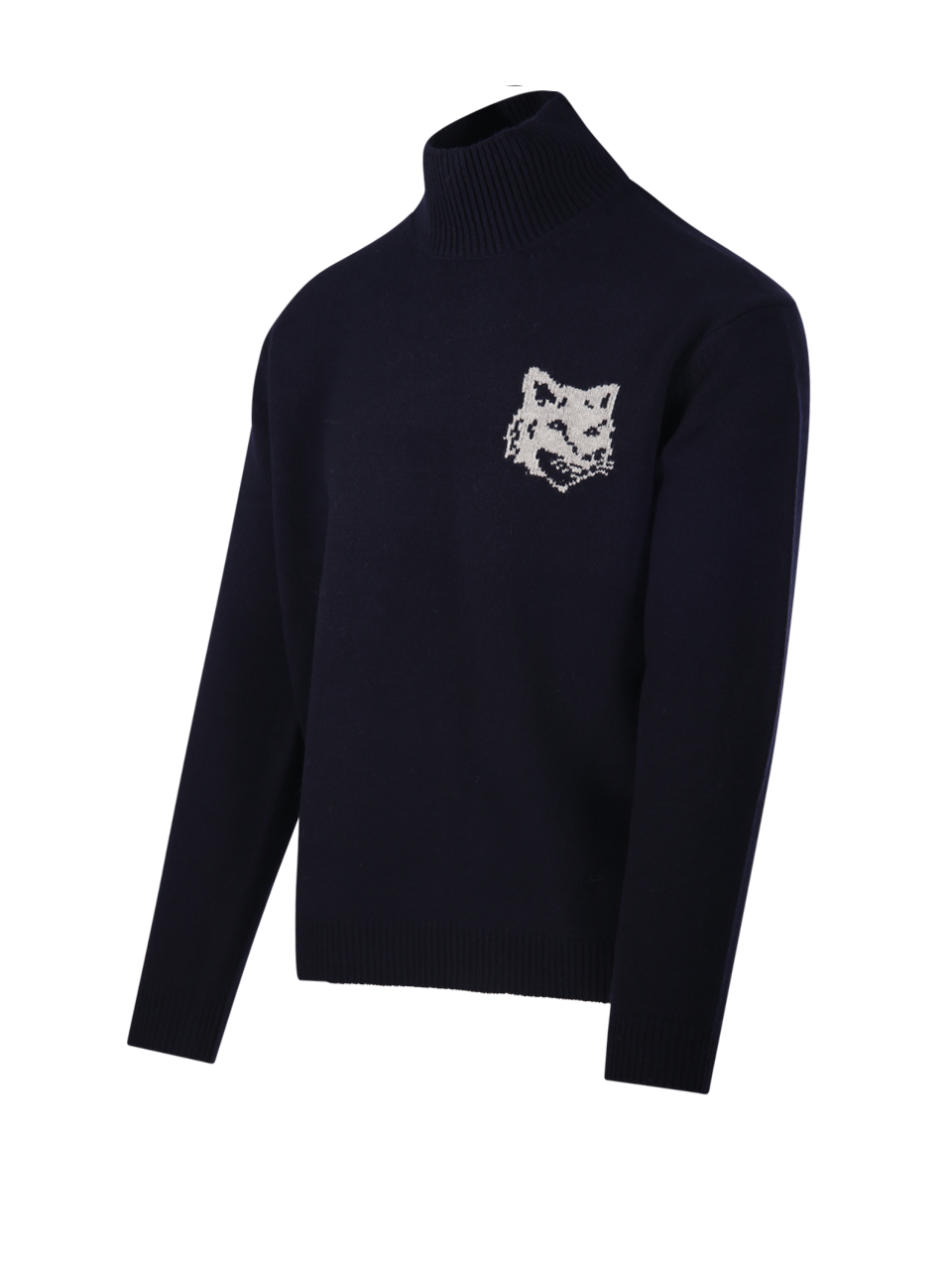 MEN MAISON KITSUNE BLUE WOOL FOX HEAD HIGH NECK JUMPER SWEATER