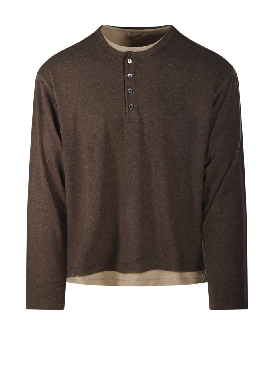 MEN COOR BROWN ACRYLIC HAIRY HENLEY NECK LAYERED T-SHIRT