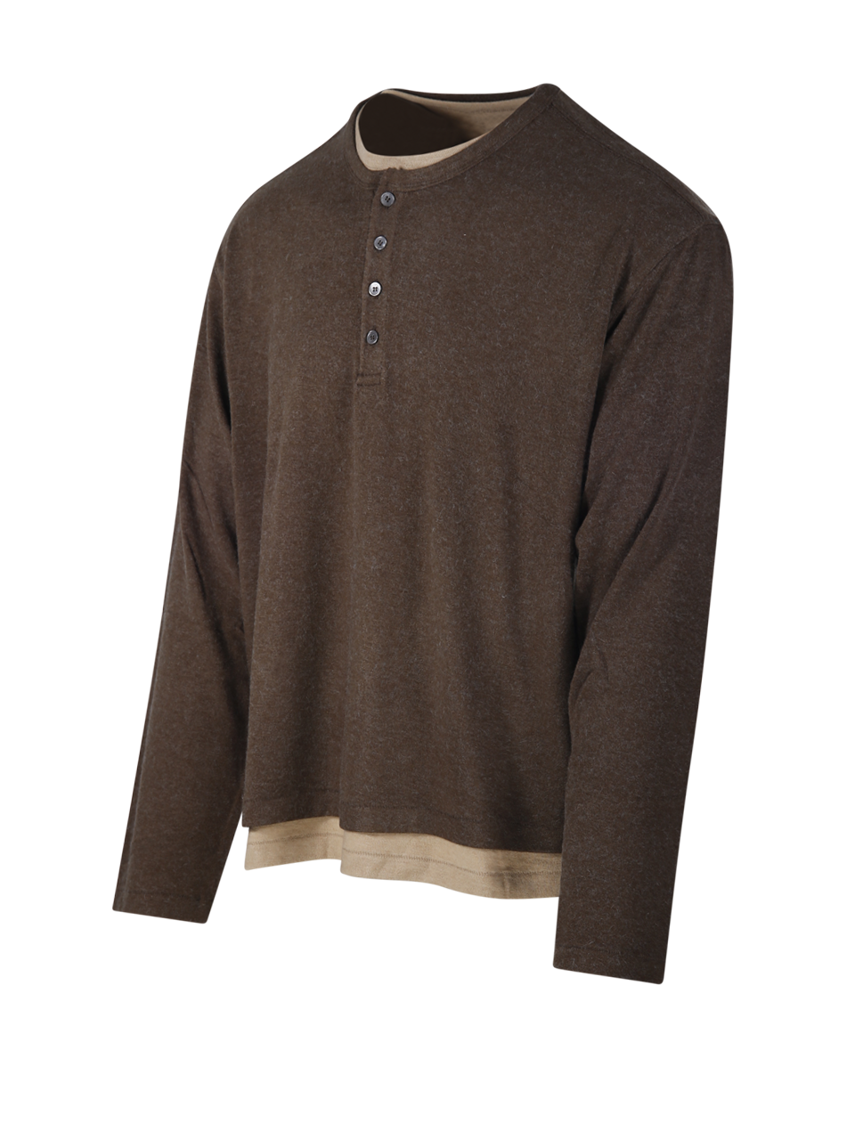 MEN COOR BROWN ACRYLIC HAIRY HENLEY NECK LAYERED T-SHIRT