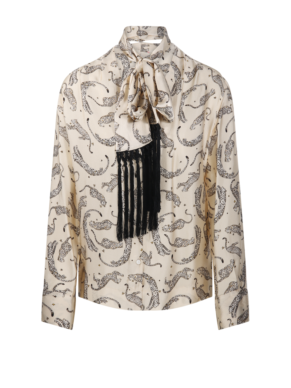 WOMAN FORTE FORTE BLACK VISCOSE ROYAL LEOPARD SHIRT WITH SATIN FRINGED SCARF